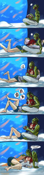 alien commander_shepard commander_shepard_(female) couple drell english_text frostmdl highres kiss mass_effect_(series) on_bed speech_bubble thane_krios tumblr tumblr_username water