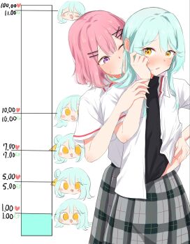 2girls amaori_renako black_shirt blue_hair blush blush_stickers clothes_lift commentary_request grey_skirt highres holding_another&#039;s_wrist kiss_meter_(meme) koyanagi_kaho long_hair medium_hair meme multiple_girls nuooooodoomo one_eye_closed open_mouth pink_hair plaid_clothes plaid_skirt pleated_skirt purple_eyes shirt shirt_lift simple_background skirt smile watashi_ga_koibito_ni_nareru_wake_naijan_murimuri! white_background white_shirt yellow_eyes yuri