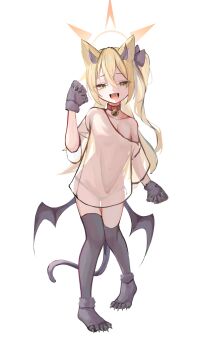 1girl absurdres alternate_costume alternate_hair_length alternate_hairstyle animal_collar animal_ear_fluff animal_ears bell black_bow black_horns black_panties black_ribbon black_thighhighs black_wings blonde_hair blue_archive bow breasts cat_ears cat_tail choker clawed_feet cleavage collar collarbone covered_navel demon_girl demon_horns demon_wings dot_nose fangs full_body gloves green_eyes hair_between_eyes hair_bow hair_ribbon half-closed_eyes halo hand_up highres horns ibuki_(blue_archive) jingle_bell kemonomimi_mode loli long_hair low_wings mumu_(2arlcevpxn83807) neck_bell off-shoulder_shirt off_shoulder one_side_up open_mouth oversized_clothes oversized_shirt panties panties_visible_through_clothes paw_gloves paw_shoes red_choker red_collar ribbon see-through_clothes see-through_shirt see-through_sleeves shirt short_sleeves side_ponytail simple_background single_bare_shoulder small_breasts smile solo standing t-shirt tail teeth thigh_gap thighhighs thighs tongue underwear upper_teeth_only very_long_hair white_background white_shirt wings yellow_halo zettai_ryouiki