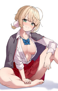 Rule 34 | 1girl, :3, ahoge, alternate breast size (larger), barefoot, blonde hair, blue bow, blue bowtie, blunt bangs, bow, bowtie, breasts, cardigan, cardigan on shoulders, cleavage, closed mouth, commentary request, eru (l illust45), full body, green eyes, grey cardigan, highres, indie virtual youtuber, knee up, large breasts, looking at viewer, miniskirt, no bra, official alternate costume, official alternate hairstyle, partially unbuttoned, pleated skirt, red skirt, school uniform, shigure ui (summer uniform) (vtuber), shigure ui (vtuber), shigure ui (summer uniform) (vtuber), shirt, short hair, short twintails, simple background, sitting, skirt, sleeves rolled up, solo, swept bangs, three-quarter sleeves, twintails, virtual youtuber, white background, white shirt