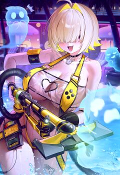 1girl :d absurdres ahoge black_choker blonde_hair breasts choker cleavage cleavage_cutout clothing_cutout collarbone elegg_(boom_and_shock)_(nikke) elegg_(nikke) fymrie ghost gloves goddess_of_victory:_nikke hair_intakes heart_cutout highres large_breasts night open_mouth pool purple_eyes short_hair single_glove sky slingshot_swimsuit smile swimsuit vacuum_cleaner water wet yellow_slingshot_swimsuit