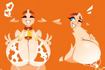1girl animal_print backboob bell bikini blending body_freckles breasts cow_print cow_print_bikini cowbell double_v freckles from_behind highres huge_breasts legendofnerd long_hair looking_at_viewer multiple_views navel neck_bell notice_lines one_eye_closed open_mouth orange_background orange_hair original pointy_ears print_bikini simple_background smile stomach swimsuit v