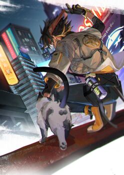 1girl bandana belt black_belt black_gloves black_hair black_pants black_shirt bottle cat character_request city city_lights cityscape copyright_request earrings from_behind gloves green_eyes highres jacket jewelry long_sleeves multicolored_jacket night outdoors pants patterned_clothing pulling_own_clothes red_bandana redsakaone shirt shoes solo squatting steel_beam two-tone_gloves two-tone_jacket water_bottle white_jacket yellow_gloves yellow_jacket yellow_shoes