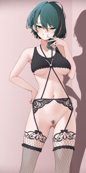 1girl absurdres bare_shoulders black_tank_top blush bottomless breasts cleavage cleft_of_venus collarbone commission dead_or_alive dead_or_alive_6 dead_or_alive_xtreme dead_or_alive_xtreme_venus_vacation female_pubic_hair fishnets garter_belt green_eyes green_hair grin hair_between_eyes highres large_breasts looking_at_viewer mole mole_under_eye multicolored_hair navel no_panties pubic_hair pussy red_hair short_hair smile solo streaked_hair tamaki_(doa) tank_top uncensored variant_set z.taiga