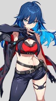 1girl ahoge arm_up armpits asymmetrical_clothes asymmetrical_gloves bandeau belt belt_pouch black_belt black_cloak black_gloves black_pants blue_eyes blue_hair breasts cleavage cloak closed_mouth commentary_request commission crop_top elbow_gloves fingerless_gloves gloves grey_background groin hair_between_eyes hair_flaps highres lawine_(strinova) long_hair looking_at_viewer medium_breasts midriff mismatched_gloves mole mole_under_eye navel pants partial_commentary pouch red_bandeau shigatsu_shizuki sidelocks simple_background single_bare_shoulder single_elbow_glove single_fingerless_glove single_pantsleg skeb_commission skindentation solo standing strinova thigh_strap twitter_username underbust