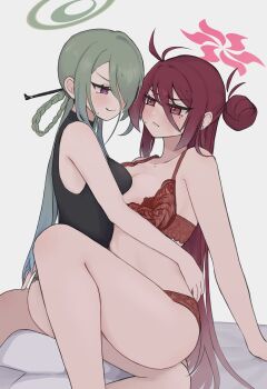 2girls ahoge areola_slip bed black_panties black_shirt blue_archive blush bra braid braided_hair_rings breasts cleavage collarbone green_hair grey_background hair_between_eyes hair_ornament hair_over_one_eye hair_rings hair_stick halo hug lingerie long_hair medium_breasts mina_(blue_archive) mole mole_on_collarbone mole_under_eye multiple_girls one_eye_covered panties purple_eyes red_bra red_eyes red_hair red_panties reijo_(blue_archive) shirt side_bun sinasaiyo sitting sitting_on_lap sitting_on_person sleeveless sleeveless_shirt small_breasts smile sweat underwear yuri