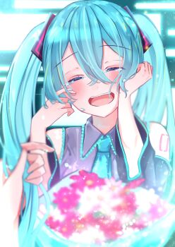Rule 34 | 1girl, aqua hair, aqua trim, arm tattoo, black sleeves, blurry, blurry foreground, blush, buntason (buritarooooo), closed eyes, collared shirt, commentary request, crying, detached sleeves, flower, grey shirt, hair between eyes, hair ornament, hatsune miku, headset, highres, holding, holding another's hair, long hair, looking at viewer, number tattoo, open mouth, pink flower, pov, pov hands, shirt, smile, solo focus, tattoo, tears, twintails, upper body, very long hair, vocaloid