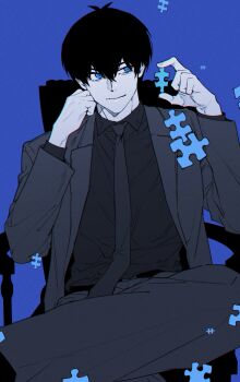 Rule 34 | 1boy, black hair, black shirt, blue background, blue eyes, blue lock, chair, closed mouth, collared shirt, commentary request, crossed legs, dodaengchi, elbow rest, formal clothes, grey jacket, grey necktie, grey pants, grey suit, hair between eyes, highres, holding puzzle piece, isagi yoichi, jacket, male focus, necktie, office chair, pants, puzzle piece, shirt, short hair, simple background, sitting, solo, suit, suit jacket, swivel chair