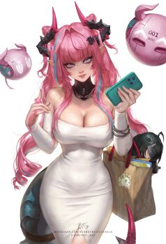 1girl absurdres ahoge arknights artist_name bag bare_shoulders blondynkitezgraja blue_hair bracelet breasts cellphone cleavage covered_navel cowboy_shot detached_collar detached_sleeves dragon_girl dragon_horns dragon_tail dress hair_intakes hair_on_horn head_tilt highres holding holding_bag holding_phone horns jewelry large_breasts lips long_hair long_sleeves looking_at_viewer mechanical_tail multicolored_hair multicolored_horns off-shoulder_dress off_shoulder parted_lips pencil_dress phone pink_eyes pink_hair pink_lips pink_nails playing_with_own_hair pointy_ears purple_eyes shopping_bag sidelocks simple_background slit_pupils smartphone smile solo strapless strapless_dress streaked_hair tail taut_clothes taut_dress tight_clothes tight_dress twintails very_long_hair watermark web_address white_background white_dress yvonne_(arknights)