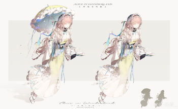 Rule 34 | 1girl, absurdres, bad link, bonnet, brown hair, dress, frills, full body, highres, holding, holding umbrella, long hair, long sleeves, looking at viewer, multiple views, parasol, pink hair, reji (weibo 6496333450), ribbon, solo, umbrella