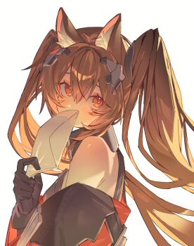 Rule 34 | 1girl, 400w, absurdres, angelina (arknights), animal ears, arknights, arknights: endfield, bare shoulders, black gloves, brown hair, commentary, envelope, fox ears, fox girl, from side, gilberta (arknights), gloves, hair between eyes, highres, holding, holding envelope, long hair, looking at viewer, off shoulder, orange eyes, sidelocks, simple background, solo, twintails, upper body, white background