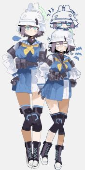 ... 1girl :&lt; absurdres anger_vein black_gloves black_hair blank_eyes blue_archive blue_eyes blue_sailor_collar blue_shirt blue_skirt blush_stickers breasts chibi chibi_inset closed_mouth colored_speech_bubble full_body gloves helmet highres knee_guards large_breasts long_sleeves multiple_views neckerchief odmised sailor_collar saki_(blue_archive) school_uniform serafuku shirt short_hair shout_lines simple_background skirt speech_bubble spoken_ellipsis tactical_school_uniform white_background white_helmet yellow_neckerchief