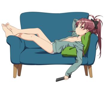 10s 1girl arm_up bare_legs barefoot bow breasts controller crossed_legs feet female_focus food food_in_mouth from_side full_body hair_bow holding ikezawa_shin jacket long_hair long_sleeves looking_at_viewer looking_to_the_side lying mahou_shoujo_madoka_magica mahou_shoujo_madoka_magica_(anime) mouth_hold no_bra no_pants on_back open_clothes open_jacket panties pocky ponytail red_eyes red_hair remote_control sakura_kyoko simple_background sleeves_past_wrists small_breasts solo underwear white_background white_panties