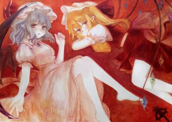 2girls ascot bat_wings blonde_hair blue_hair blush breasts crystal_wings flandre_scarlet hat hat_ribbon highres long_hair looking_at_viewer lying mob_cap multicolored_wings multiple_girls oil_painting_(medium) on_side painting_(medium) pink_shirt pink_skirt pointy_ears puffy_short_sleeves puffy_sleeves red_background red_eyes red_ribbon red_skirt red_vest remilia_scarlet ribbon shirt short_hair short_sleeves siblings side_ponytail sisters skirt small_breasts svveetberry touhou traditional_media vest white_hat white_shirt wings yellow_ascot