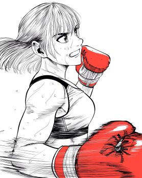 1girl boxing boxing_gloves breasts commentary_request flying_sweatdrops from_side hatching_(texture) highres lee_(dragon_garou) medium_breasts midriff monochrome motion_lines mouth_guard original punching red_background serious short_hair solo sports_bra spot_color sweat very_sweaty