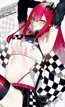 1girl armpits arms_up baobhan_sith_(fate) bare_shoulders black_shorts black_sports_bra blush breasts checkered_flag commentary_request crop_top detached_sleeves fate/grand_order fate_(series) flag grey_eyes highres kabosoi_mangaka large_breasts long_hair looking_at_viewer navel pink_hair pointy_ears race_queen see-through_clothes short_shorts shorts sidelocks smile solo sports_bra thighhighs thighs tiara white_sports_bra