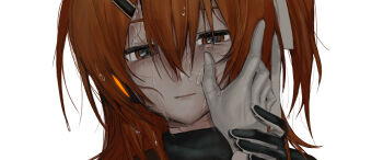 Rule 34 | 1girl, 1other, a.i. voice, adachi rei, closed mouth, commentary request, crying, crying with eyes open, hair between eyes, hand on another's cheek, hand on another's face, highres, hirune (suiminbusoku118), looking at viewer, orange eyes, orange hair, partial commentary, portrait, tears, utau, wet, wet hair, white background, wiping tears