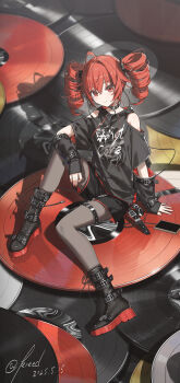 Rule 34 | 1girl, absurdres, ahoge, bare shoulders, black boots, black choker, black pantyhose, black shirt, blush, boots, cellphone, choker, closed mouth, clothing cutout, drill hair, earphones, elbow cutout, hair between eyes, hair ribbon, highres, jewelry, kasane teto, kieed, long hair, looking at viewer, necklace, pantyhose, phone, red eyes, red hair, red ribbon, revision, ribbon, shirt, shoulder cutout, sidelocks, sitting, smartphone, smile, solo, star (symbol), star necklace, twin drills, utau