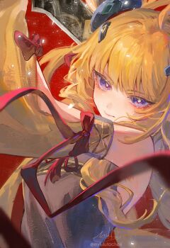 Rule 34 | 1girl, arknights, artist name, black dress, blonde hair, bow, commentary, detached sleeves, dress, frown, highres, horn ornament, horns, leizi (arknights), leizi the thunderbringer (arknights), long hair, long sleeves, looking at viewer, myluche, portrait, purple eyes, red background, red bow, simple background, solo, twitter username, upper body, yellow sleeves