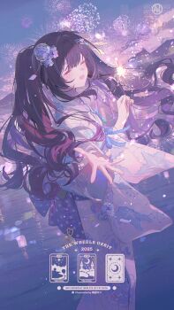 1girl aerial_fireworks blue_ribbon blush closed_eyes commission fireworks flower hair_flower hair_ornament highres holding holding_fireworks hydrangea japanese_clothes kimono long_hair open_mouth original purple_hair purple_kimono ribbon smile sparkler umehara_sei water wavy_hair wind_chime yukata