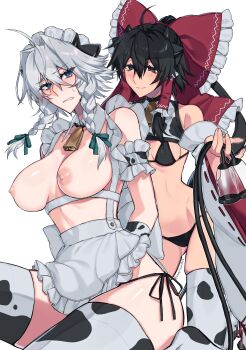 2girls absurdres angry animal_ears animal_print apron bell bikini black_hair blue_eyes bow braid breast_pump breasts choker closed_eyes cow_ears cow_horns cow_print cow_print_bikini detached_collar detached_sleeves grey_hair hair_bow hair_tubes hakurei_reimu highres himadera horns izayoi_sakuya large_breasts long_hair looking_at_another maid_headdress midriff milking_machine multiple_girls neck_bell ponytail print_bikini red_bow small_breasts smile swimsuit thighhighs topless_female touhou twin_braids waist_apron