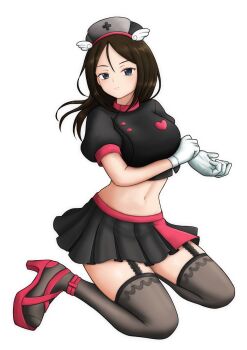 1girl absurdres adjusting_clothes adjusting_gloves alternate_costume amanone_yun black_hair black_shirt black_skirt black_thighhighs blue_eyes closed_mouth commentary cropped_jacket frown garter_straps girls_und_panzer gloves grey_hat hat high_heels highres kneeling long_hair looking_at_viewer midriff miniskirt navel nonna_(girls_und_panzer) nurse_cap pleated_skirt puffy_short_sleeves puffy_sleeves red_shoes shirt shoes short_sleeves simple_background skirt solo swept_bangs thighhighs white_background white_gloves