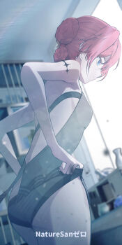 1girl absurdres adjusting_clothes arm_tattoo arms_behind_back artist_name ass bare_arms bare_shoulders blue_eyes blurry blurry_background bokeh braid breasts cabinet closed_mouth commentary cowboy_shot danjin_(wuthering_waves) depth_of_field english_commentary expressionless folded_braid from_behind hair_tie highres indoors iron_bars red_hair revision ryeon_(naturesan) short_hair sideboob small_breasts solo stuffed_animal stuffed_toy sunlight tacet_mark_(wuthering_waves) tattoo teapot thighs wuthering_waves