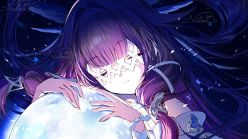 1girl absurdres black_hair blunt_bangs closed_eyes closed_mouth collarbone columbina_(genshin_impact) commentary_request dress feathered_wings genshin_impact gradient_hair hair_ribbon head_wings highres long_hair long_sidelocks mul multicolored_hair multiple_wings o0nolma0o pink_hair ribbon sidelocks signature smile very_long_hair white_dress white_mask white_ribbon wings wrist_ribbon