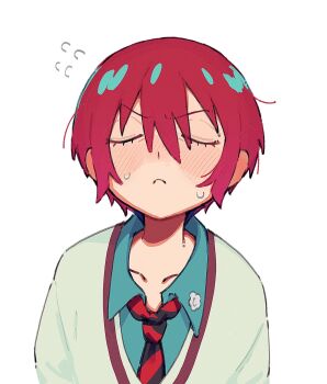 1girl amate_yuzuriha aqua_shirt black_necktie blush closed_eyes closed_mouth collared_shirt flying_sweatdrops gundam gundam_gquuuuuux head_tilt highres karaage_unai long_sleeves loose_hair_strand necktie red_hair red_necktie school_uniform shirt short_hair simple_background solo striped_clothes striped_necktie sweat sweater two-tone_necktie waiting_for_kiss white_background