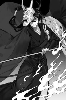 1boy absurdres black_eyes black_hair black_hanfu bracer chinese_clothes commentary english_commentary expressionless fire gradient_background grey_background greyscale hand_up hanfu highres holding holding_weapon long_hair long_sleeves low_ponytail male_focus mask mask_on_head mole mole_under_eye monochrome oni_mask ponytail solo standing suto_(sakumaaritsu) tianguan_cifu very_long_hair weapon yin_yu