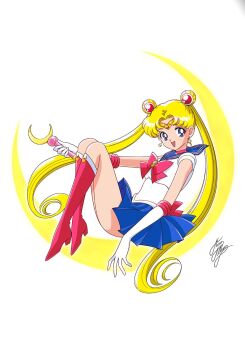 1girl bishoujo_senshi_sailor_moon bishoujo_senshi_sailor_moon_(first_season) blonde_hair blue_eyes boots choker circlet crescent crescent_earrings double_bun earrings elbow_gloves female_focus from_side full_body gloves hair_bun jewelry knee_boots long_hair magical_girl marco_albiero miniskirt moon_stick open_mouth pleated_skirt sailor_collar sailor_moon sailor_senshi_uniform signature simple_background skirt smile solo tsukino_usagi twintails very_long_hair white_background white_gloves