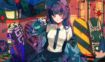 1girl animal_ear_fluff animal_ears aqua_jacket black_hair black_necktie black_skirt breasts commentary fox_ears fox_girl graffiti hand_up highres hoshimi_miyabi jacket jacket_partially_removed long_hair looking_at_viewer medium_breasts necktie open_mouth outdoors red_eyes shadow shirt sitting skateboard skirt solo sshooooe white_shirt zenless_zone_zero