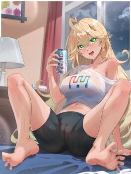1girl absurdres barefoot bike_shorts blonde_hair blush can feet green_eyes highres long_hair looking_at_viewer nipples off_shoulder open_mouth original ozzyart_0221 pussy see-through_clothes see-through_shirt shirt soles sweat toes wet wet_clothes wet_shirt