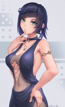 1girl alternate_costume asymmetrical_hair blue_hair blunt_bangs braid breasts commentary cowboy_shot diagonal_bangs dice earrings english_commentary finger_to_mouth genshin_impact green_eyes hand_on_own_hip highres jewelry looking_at_viewer mole mole_on_breast navel necklace parted_lips purple_hair see-through_clothes sideboob sidelocks solo stormstx twitter_username yelan_(genshin_impact)