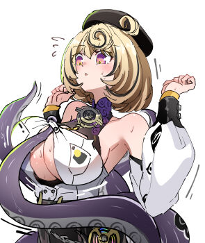 1girl accessories armpits bare_shoulders black_hat blonde_hair blush breasts caseee999 cleavage clenched_hands commentary_request detached_sleeves from_side hat high-waist_shorts highres large_breasts monster_girl open_mouth purple_eyes ringed_eyes scylla shirt short_hair shorts solo sticker sweat tentacle_between_breasts tentacle_girl tentacle_grab tentacle_tail tentacles tentacles_under_clothes upper_body white_background white_shirt white_sleeves yidhari_murphy zenless_zone_zero