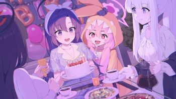 +_+ 4girls alternate_costume animal_costume animal_print balloon birthday birthday_cake black_hair black_halo black_jacket blue_archive blue_pajamas blush_stickers breasts cake candle candlelight closed_mouth coffee coffee_pot commentary_request cosplay cup food hair_between_eyes hairband halo highres holding holding_coffee_pot holding_party_popper holding_plate holding_saucer hood hood_up hooded_pajamas indoors jacket jacket_partially_removed kigurumi koyuki_(blue_archive) koyuki_(pajamas)_(blue_archive) large_breasts letter_balloon long_hair long_sleeves low_twintails mechanical_halo multicolored_halo multiple_girls nightgown nightshirt noa_(blue_archive) noa_(pajamas)_(blue_archive) official_alternate_costume onesie open_mouth pajamas party_popper pink_eyes pink_hair pink_halo plant plate ponytail potted_plant print_pajamas purple_eyes purple_hair rabbit_costume rabbit_pajamas red_halo red_pupils rio_(blue_archive) saucer scrunchie seminar_(blue_archive) shirt short_sleeves sleepwear smile table tem_(tempainting1) twintails two-tone_halo white_hair white_hairband white_nightgown white_pajamas white_shirt yellow_pajamas yuuka_(blue_archive) yuuka_(pajamas)_(blue_archive)