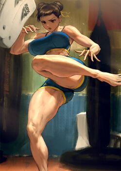 1girl barefoot blue_shorts blue_sports_bra breasts brown_hair capcom chun-li collarbone double_bun gym hair_bun hair_ribbon highres indoors infi kicking large_breasts muscular muscular_female punching_bag ribbon short_shorts shorts sleeveless solo sports_bra standing standing_on_one_leg street_fighter street_fighter_6 sweat thick_thighs thighs toes training underwear yellow_ribbon
