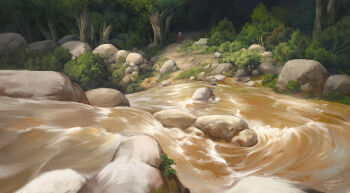 1girl armor bush cape dirt forest from_behind grass highres landscape nature original painterly path red_cape refiend river road rock scenery signature tree white_hair