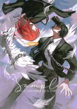 Rule 34 | 2boys, angel devil (chainsaw man), artist name, black hair, black necktie, black pants, black suit, chain, chained, chainsaw man, collared shirt, commentary, english commentary, formal clothes, gun devil (chainsaw man), halo, hayakawa aki, highres, jacket, long hair, male focus, multiple boys, necktie, ogata69, pants, red hair, sample watermark, shirt, shirt tucked in, short hair, suit, suit jacket, watermark, white shirt, wings