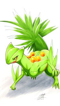 025aki absurdres black_eyes colored_sclera dated full_body furry furry_female gen_3_pokemon highres leaning_forward marker_(medium) nintendo pokemon pokemon_(creature) sceptile simple_background solo traditional_media white_background yellow_sclera