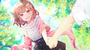 1boy 1girl black_skirt brown_hair commentary_request highres holding_hands looking_at_viewer original out_of_frame red_eyes shirt skirt smile tongue white_shirt yomo_(rb_crr)