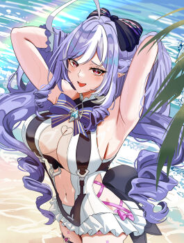 1girl armpits arms_behind_head arms_up bare_shoulders beach black_one-piece_swimsuit blush bow breasts cleavage highres large_breasts long_hair looking_at_another looking_at_viewer mole mole_under_eye multicolored_hair navel official_alternate_costume official_alternate_hairstyle one-piece_swimsuit open_mouth oursong_(kiam_pis) pointy_ears purple_hair red_eyes smile solo streaked_hair swimsuit two-tone_one-piece_swimsuit vivian_banshee vivian_banshee_(iris_of_the_shore) white_hair white_one-piece_swimsuit zenless_zone_zero