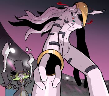 Rule 34 | 2girls, black dress, bodysuit, commentary, dress, dynamax, fewer digits, galarian form, galarian weezing, gen 4 pokemon, gen 8 pokemon, giant, giantess, green hair, grin, hat, hookah, hunched over, kasugai (de-tteiu), legendary pokemon, long hair, machia (kasugai (de-tteiu)), mask, mask on head, messy hair, multiple girls, navel, nintendo, personification, pokemon, red clouds, regigigas, short twintails, smile, smoke, smokestack, smoking, stadium, top hat, tube, twintails, white bodysuit, white hair