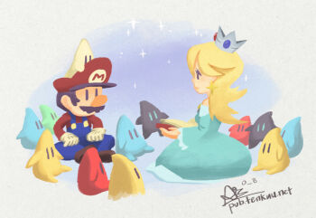 1boy 1girl alex_ahad blonde_hair book brown_hair chibi crown dress facial_hair full_body gloves hat holding holding_book long_hair luma_(mario) mario mario_(series) mustache nintendo open_book overalls rosalina sitting smile super_mario_galaxy