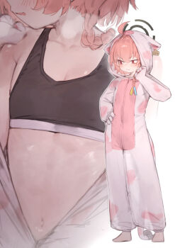 1girl ahoge alternate_costume animal_costume animal_ears averting_eyes barefoot black_bra black_sports_bra blue_archive blush bra braid breasts cat_costume cat_tail closed_mouth collarbone fake_animal_ears fake_tail flat_chest full_body halo hand_on_own_hip highres hood huge_ahoge loli mole mole_under_eye multiple_views navel neru_(blue_archive) onesie pink_hair red_eyes short_hair simple_background single_braid small_breasts sports_bra standing stomach tail underwear white_background xaea_xp