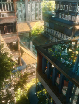 air_conditioner building city commentary_request day fantasy flower flower_pot highres leaf neur no_humans original outdoors railing rooftop scenery tile_roof tree white_flower window