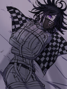 1boy absurdres arm_belt bdsm belt bodysuit bondage bound bound_arms bound_legs checkered_clothes checkered_scarf commentary_request danganronpa_(series) danganronpa_v3:_killing_harmony flipped_hair grin hair_between_eyes highres long_sleeves looking_at_viewer lying male_focus mask mion_danron mouth_mask oma_kokichi on_back pants purple_eyes purple_hair restrained scarf shadow short_hair sketch smile solo straitjacket two-tone_scarf unworn_scarf white_pants