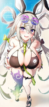 1girl absurdres animal_ears bare_shoulders black_one-piece_swimsuit blush breasts cleavage detached_collar detached_sleeves eyewear_on_head fake_animal_ears fate/grand_order fate_(series) full_body grey_hair hair_between_eyes hair_ornament hair_rings hairclip highleg highleg_one-piece_swimsuit highres huyan_zhuo_(fate) huyan_zhuo_(swimsuit_berserker)_(fate) large_breasts long_hair looking_at_viewer low_twintails necktie one-piece_swimsuit open_mouth purple_eyes rokufuji_m smile solo sunglasses swimsuit thigh_strap twintails very_long_hair