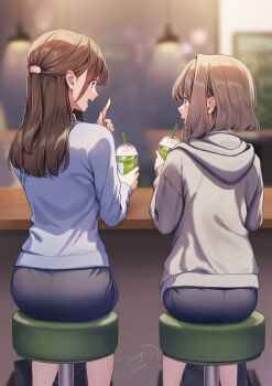 1boy 2girls amagi_shino artist_name ass bar_stool black_skirt blue_sweater blurry blurry_background brown_hair cafe commentary_request cup disposable_cup drinking_straw grey_hoodie highres holding holding_cup hood hoodie indoors long_hair multiple_girls open_mouth original receptionist_girl_(amagi_shino) receptionist_kohai_(amagi_shino) short_hair sitting skirt stool sweater talking watermark