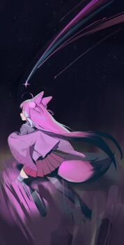 1girl :d absurdres ahoge apopo black_shirt black_skirt closed_eyes commentary cone_hair_bun double_bun english_commentary fox_girl fox_tail from_behind full_body furisode_sleeves hair_bun hair_ornament hair_rings highres jacket kneeling long_sleeves multicolored_hair night open_mouth outdoors pom_pom_(clothes) pom_pom_hair_ornament purple_jacket shirt shooting_star sideways_mouth skirt sky smile solo star_(sky) stellive streaked_hair striped_clothes striped_thighhighs tail tenko_shibuki thighhighs virtual_youtuber wide_sleeves